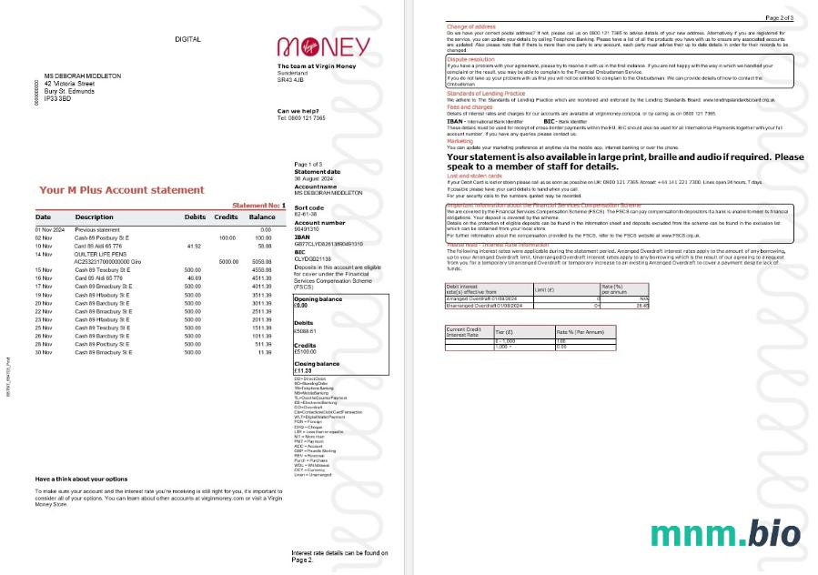 Wielka Brytania Virgin Money statement, 3 strony 2